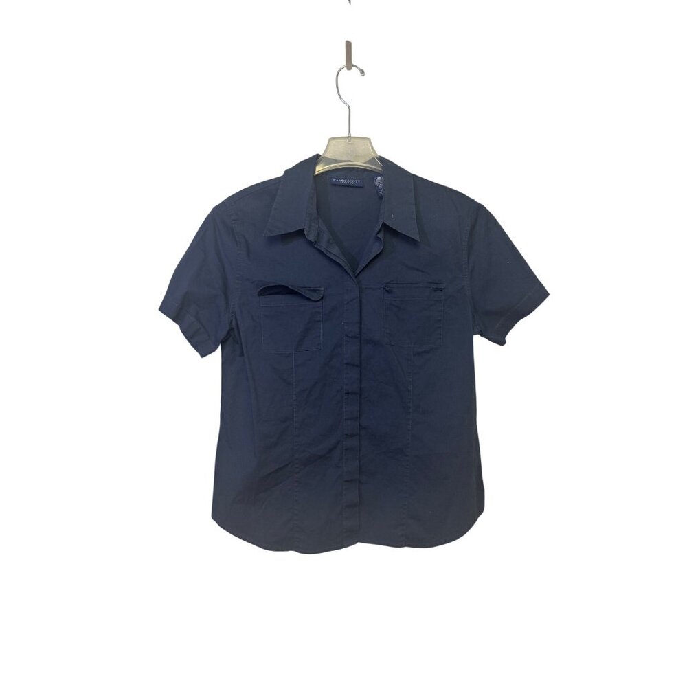 Karen Scott Size Large Button Down Navy Short Sleeve Stretch Cotton Shirt - Picture 4 of 8